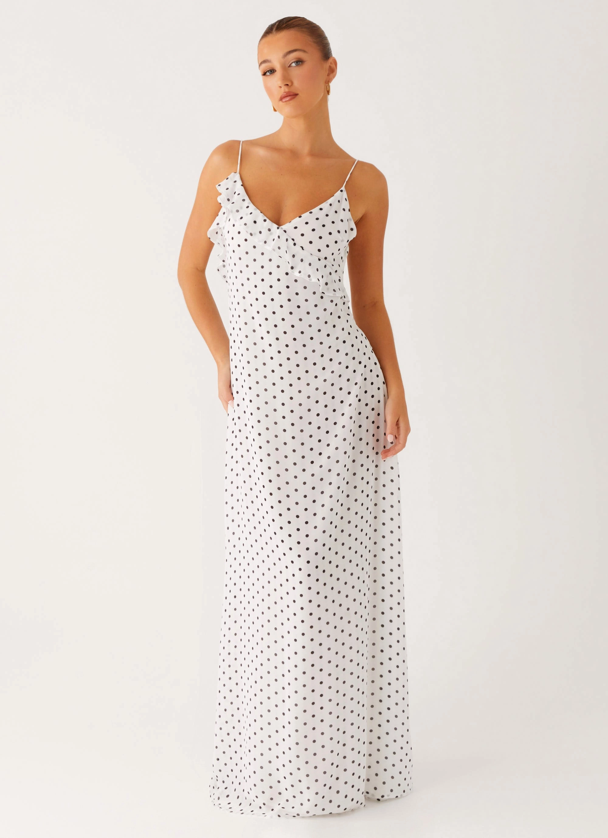 Harri Maxi Dress - White Polka Dot Urban Aesthetic Flattering Silhouette