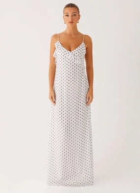 Satin Layers Cozy and Comfortable Harri Maxi Dress - White Polka Dot
