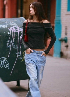 Subtle Texture Weave Reinforced Stress Points Hayley Long Sleeve Ribbed Top - Charcoal Acid Wash