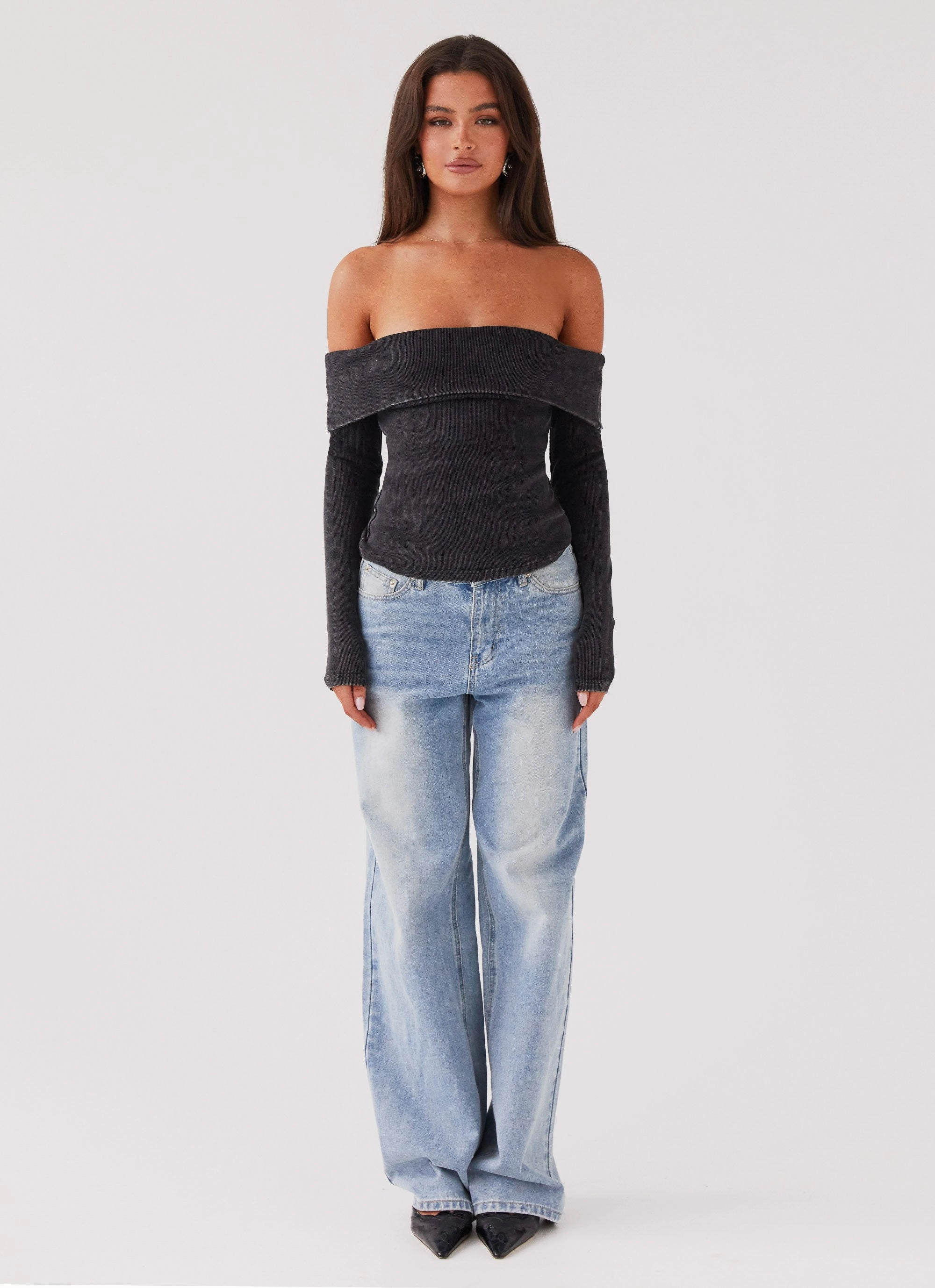 Hayley Long Sleeve Ribbed Top - Charcoal Acid Wash Flexible Ribbing
