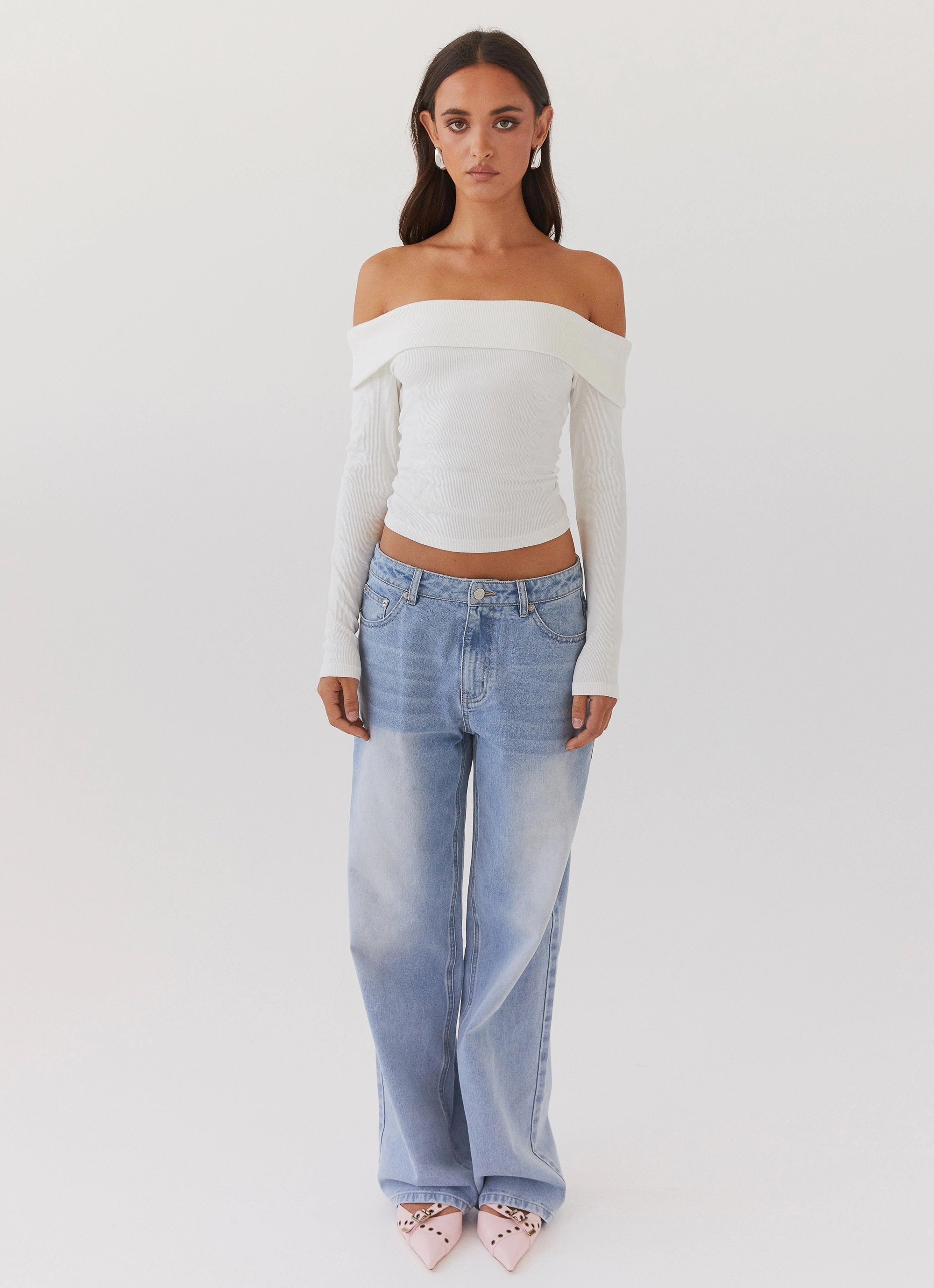 Hayley Long Sleeve Ribbed Top - White Stretch Fit