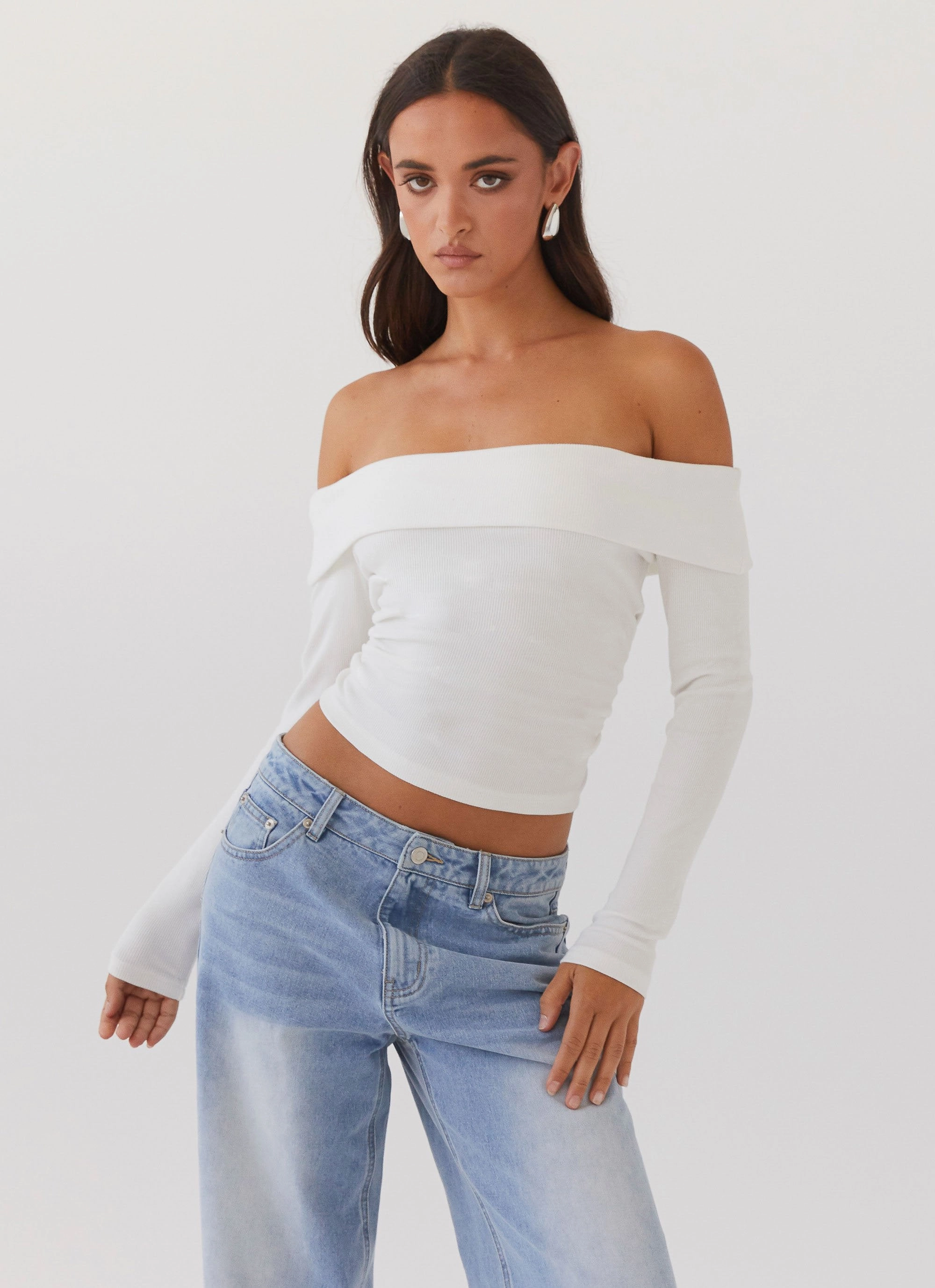 Ribbed Collar Design Wear Resistant Fabric Hayley Long Sleeve Ribbed Top - White