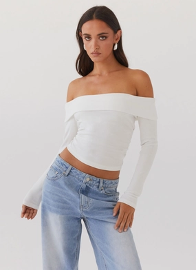 Ribbed Collar Design Wear Resistant Fabric Hayley Long Sleeve Ribbed Top - White