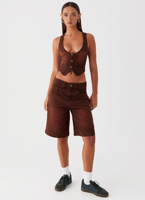 Flexible Shoulder Panels Heading South Denim Jorts - Brown