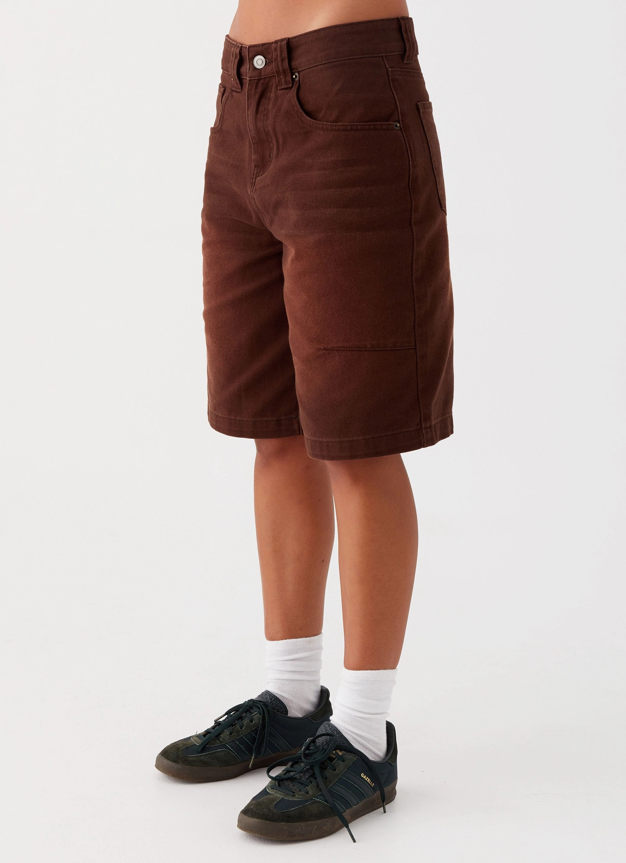 Layered Neckline Relaxed Fit Structure Heading South Denim Jorts - Brown