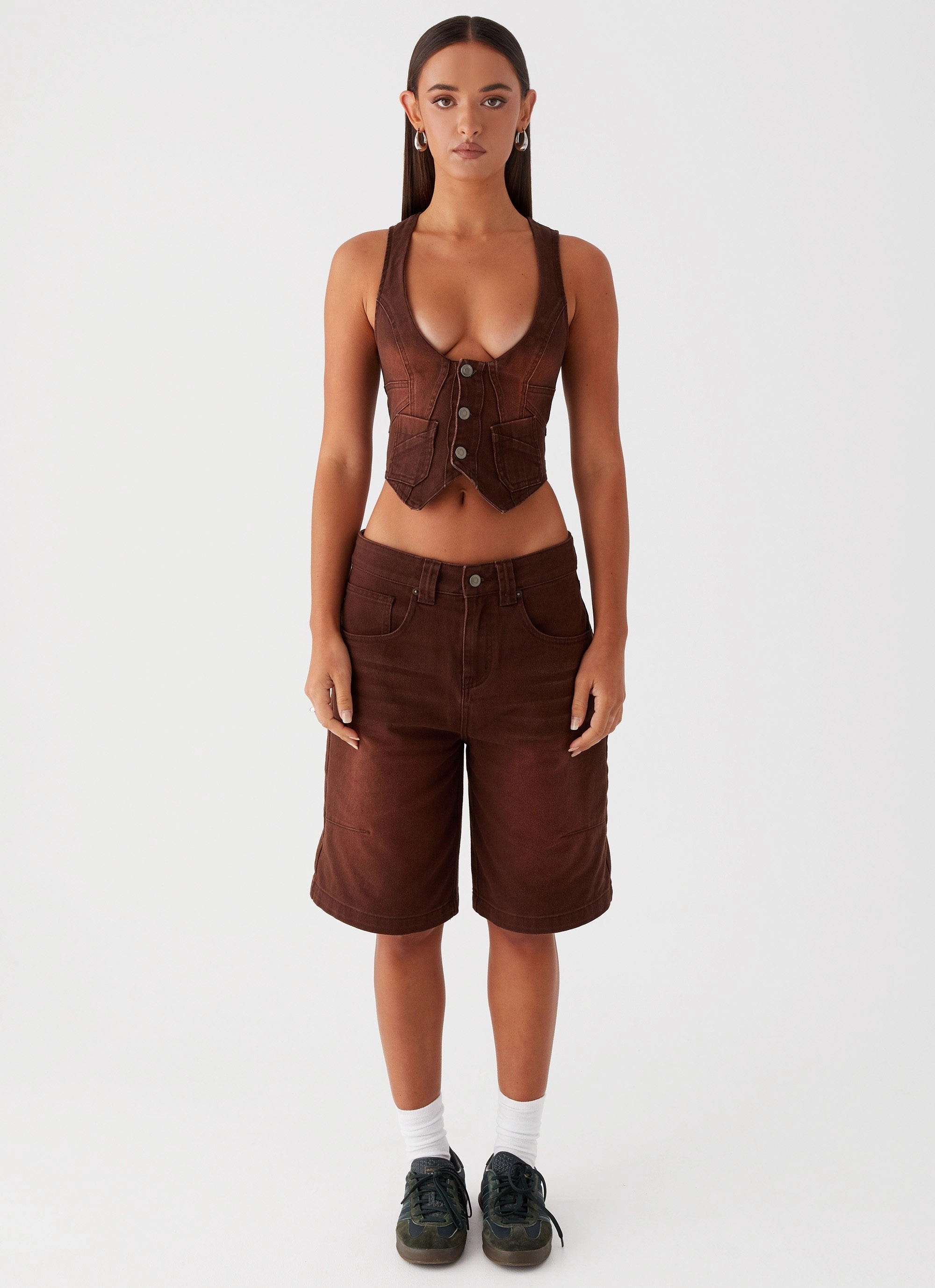 Casual Comfy Layer Subtle Design Detail Heading South Denim Jorts - Brown