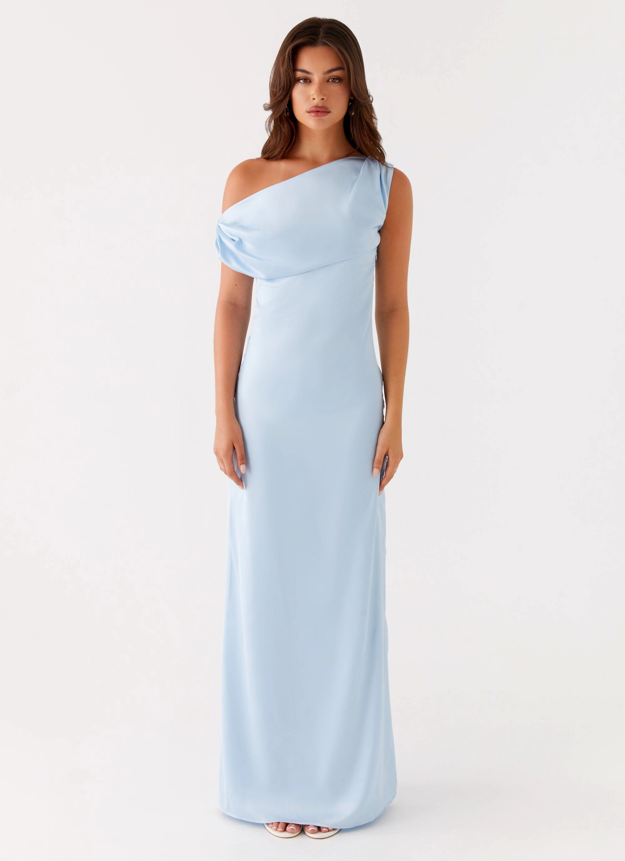 Heart Of Glass Satin Maxi Dress - Blue Asymmetrical hem Resort Ready