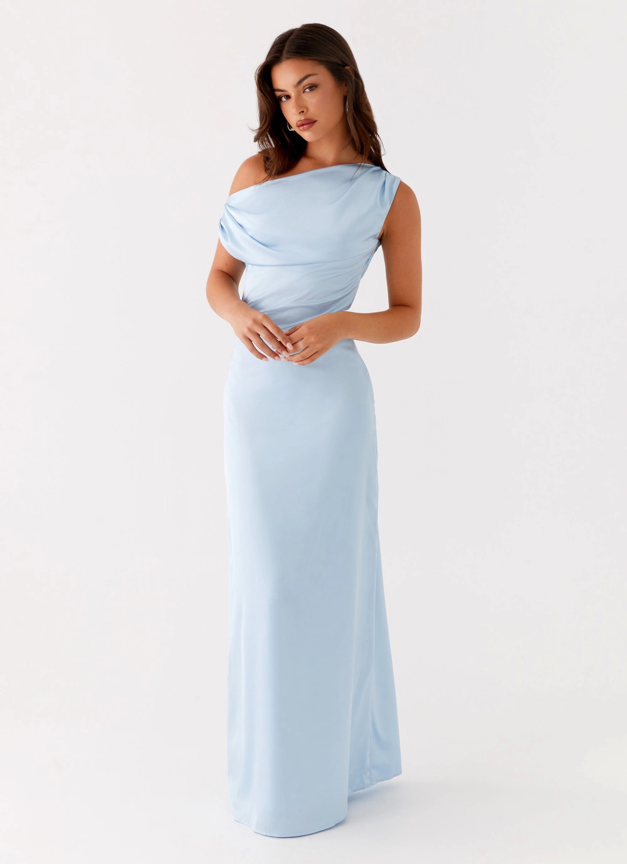 Cozy Comfort SeamlessConstruction Heart Of Glass Satin Maxi Dress - Blue