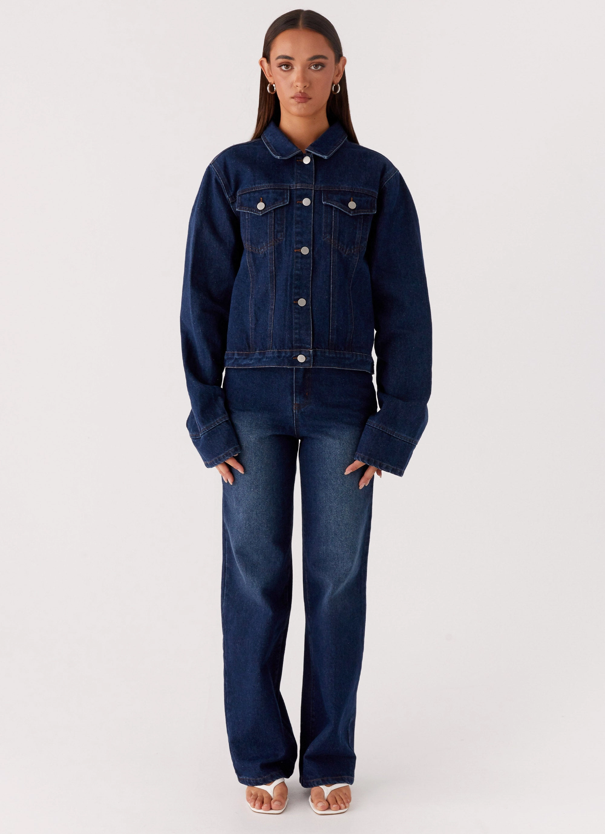 Contemporary Fit Light Reflective Zippers Back Again Oversized Denim Jacket - Vintage Blue