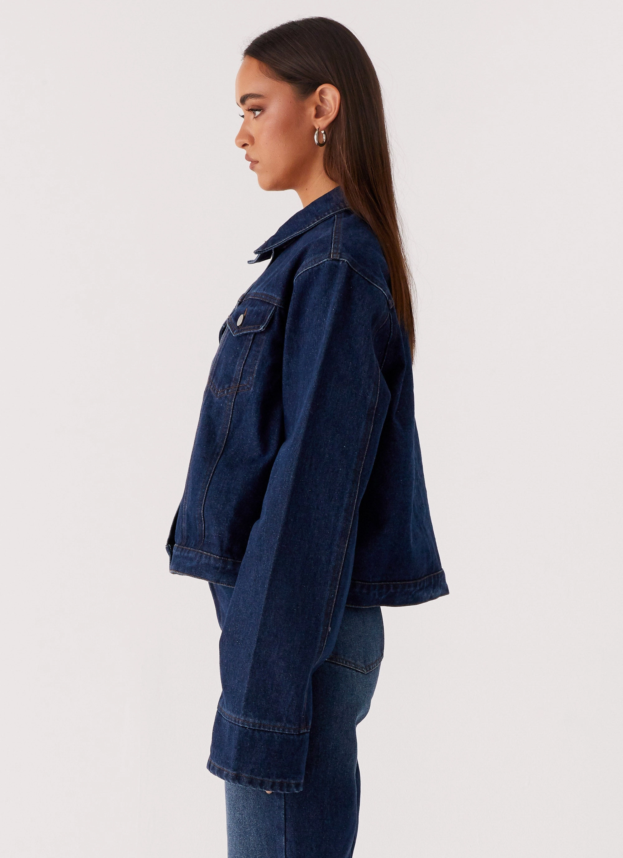 Back Again Oversized Denim Jacket - Vintage Blue Single Breasted Zipper Closure Mechanism