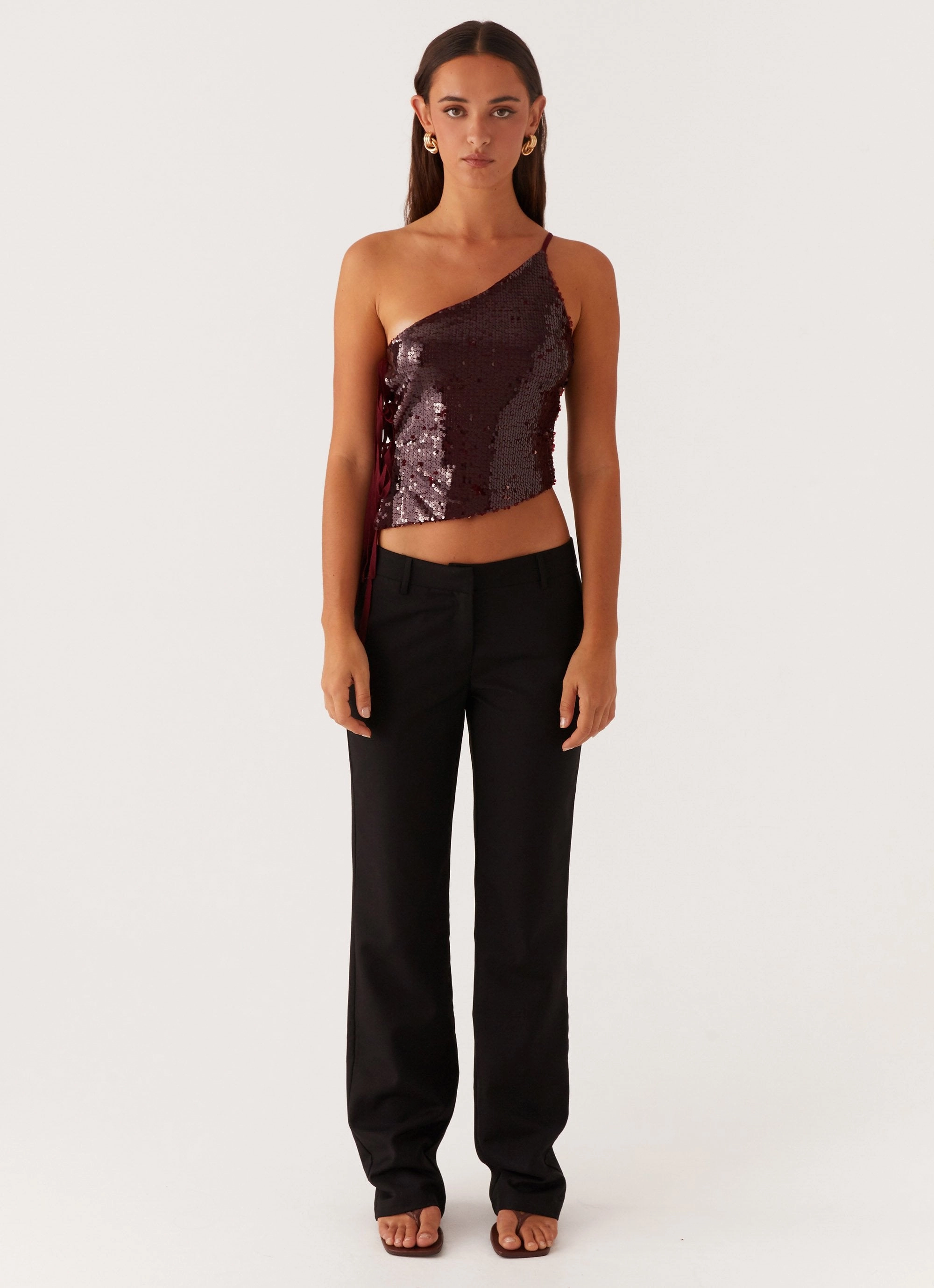 Cosmopolitan One Shoulder Top - Maroon City Commuter Button Closure