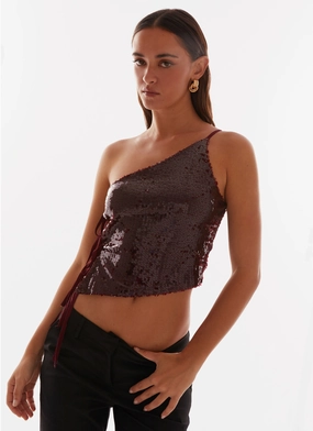 Cosmopolitan One Shoulder Top - Maroon Hypoallergenic Fabric Blend