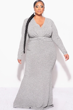 Final Sale Plus Size V-Neck Gown with Twisted Waist Band in Silver Foil Fabric Reflective Trim Details Roll Up Sleeve Design