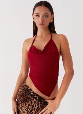 DroppedShoulder Circular Knit Technique Caley Lee Asymmetric Top - Red