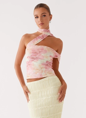 High Neckline SoftInteriorLining Christal Scarf Top - Floral Print
