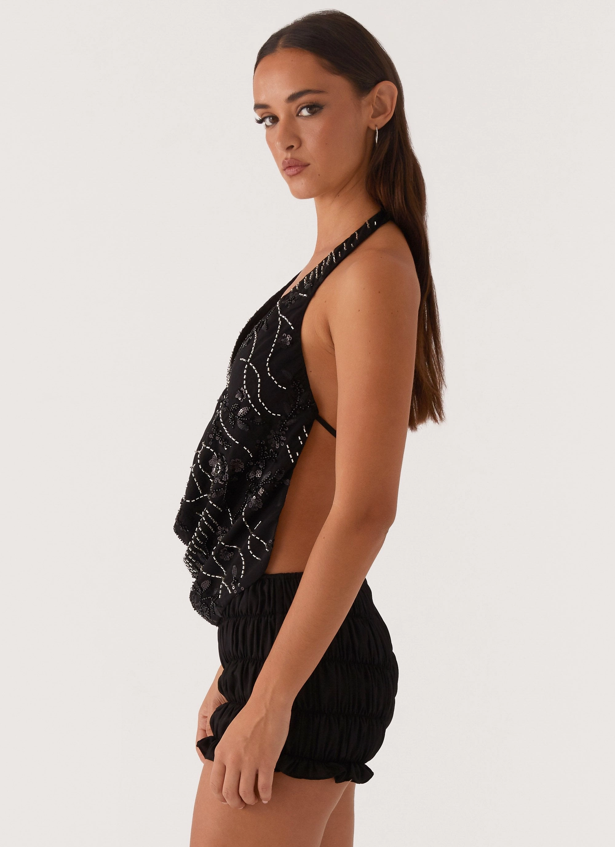 Gail Beaded Cowl Halterneck Top - Black VersatileLayering High Durability Material