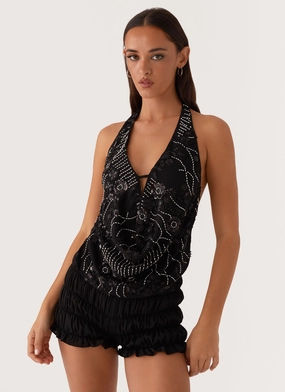 Gail Beaded Cowl Halterneck Top - Black Formal Tank