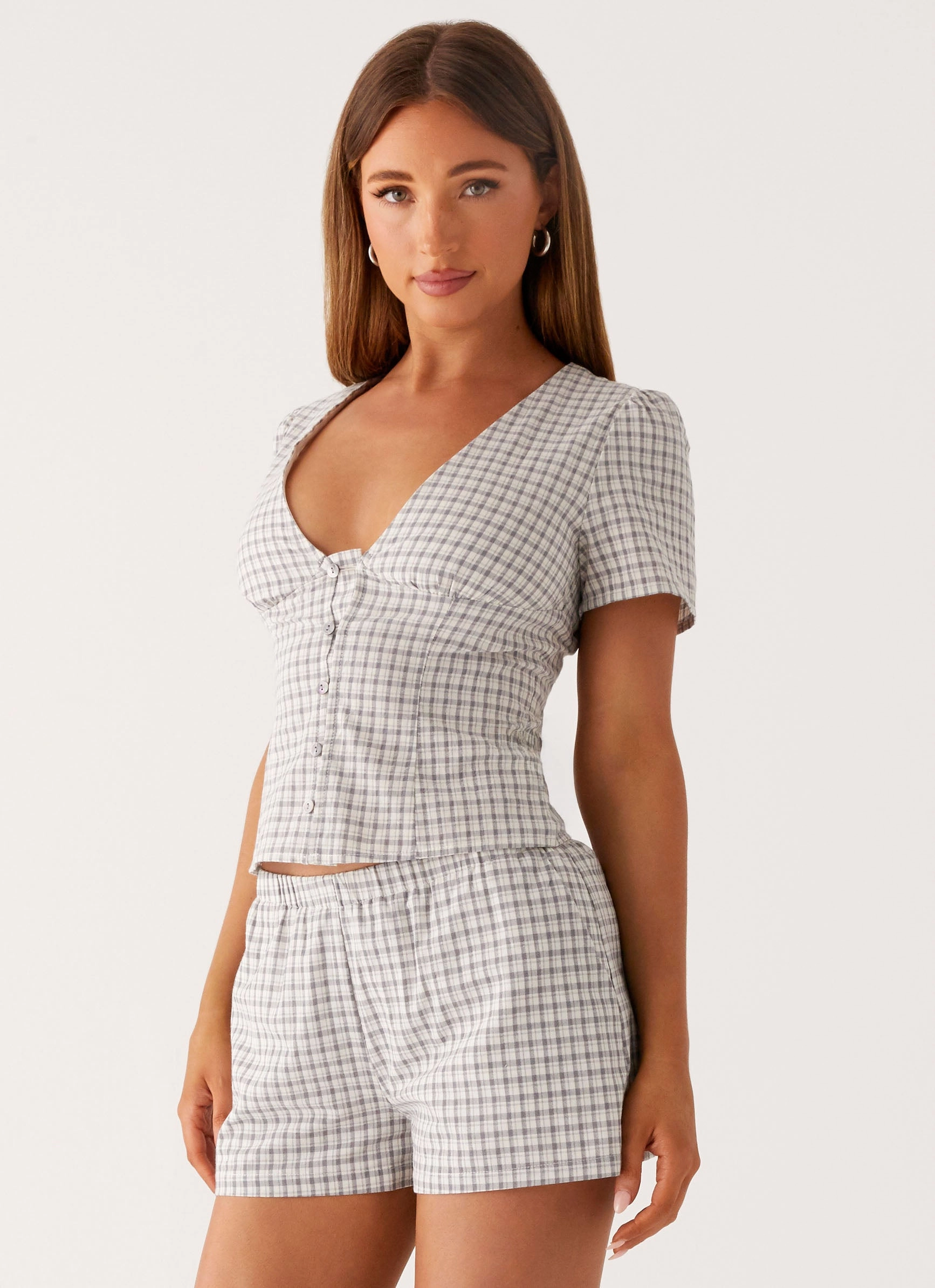 Low Profile Zipper Closure Multi Panel Construction Adalina Button Up Top - Grey Check