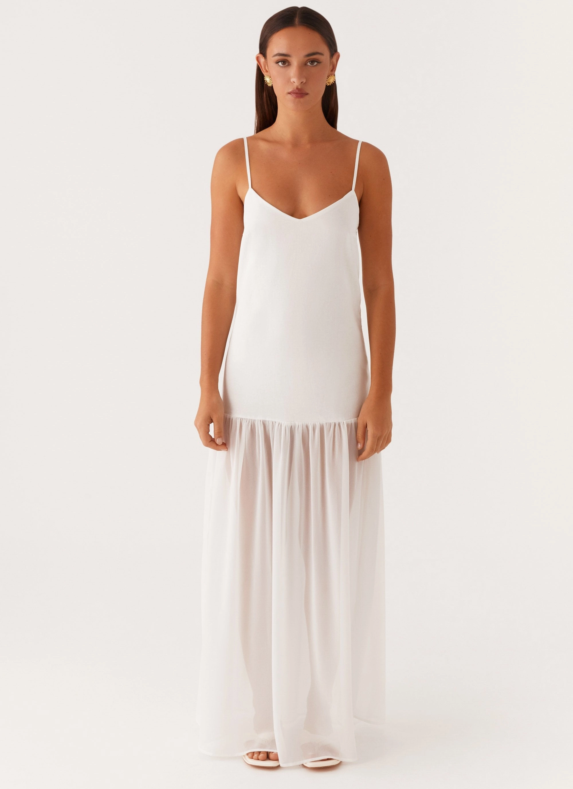 Heavenly Linen Maxi Dress - White Lace Detail