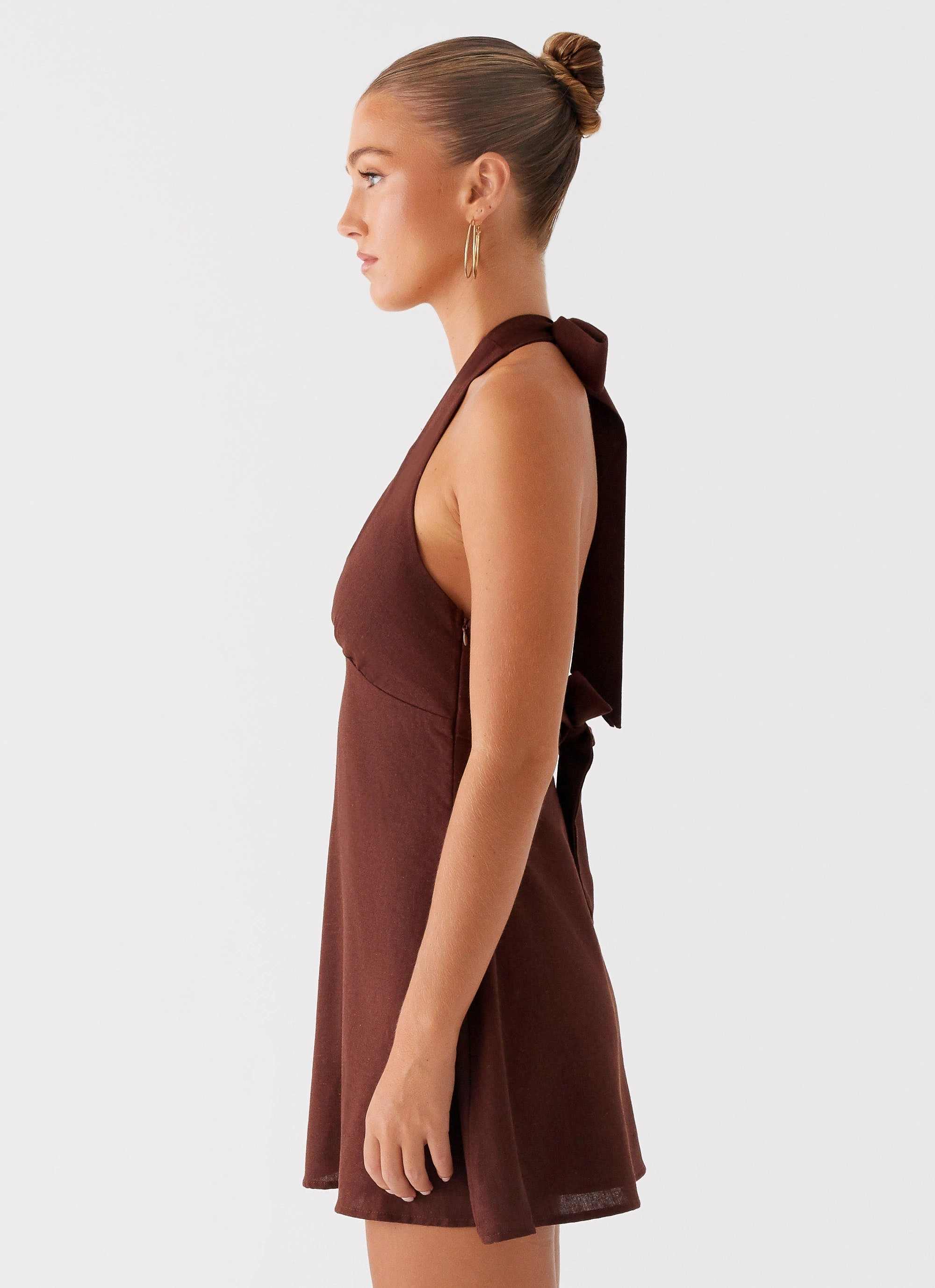 Button-Cuff Cocktail Ready Heavy Hearted Linen Mini Dress - Brown