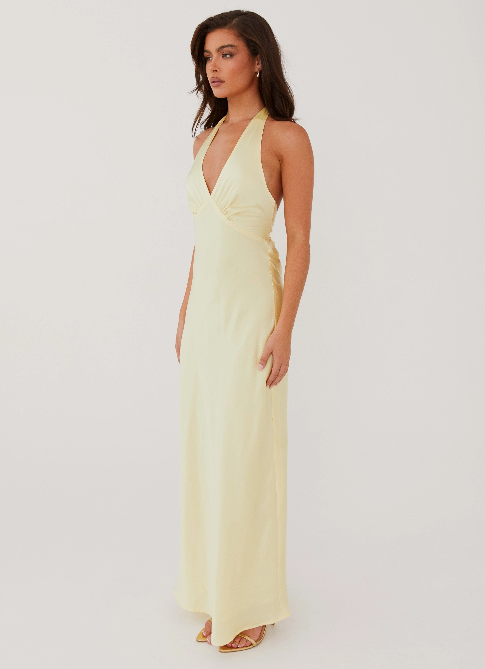 Heavy Hearted Satin Maxi Dress - Lemon Minimal Touch