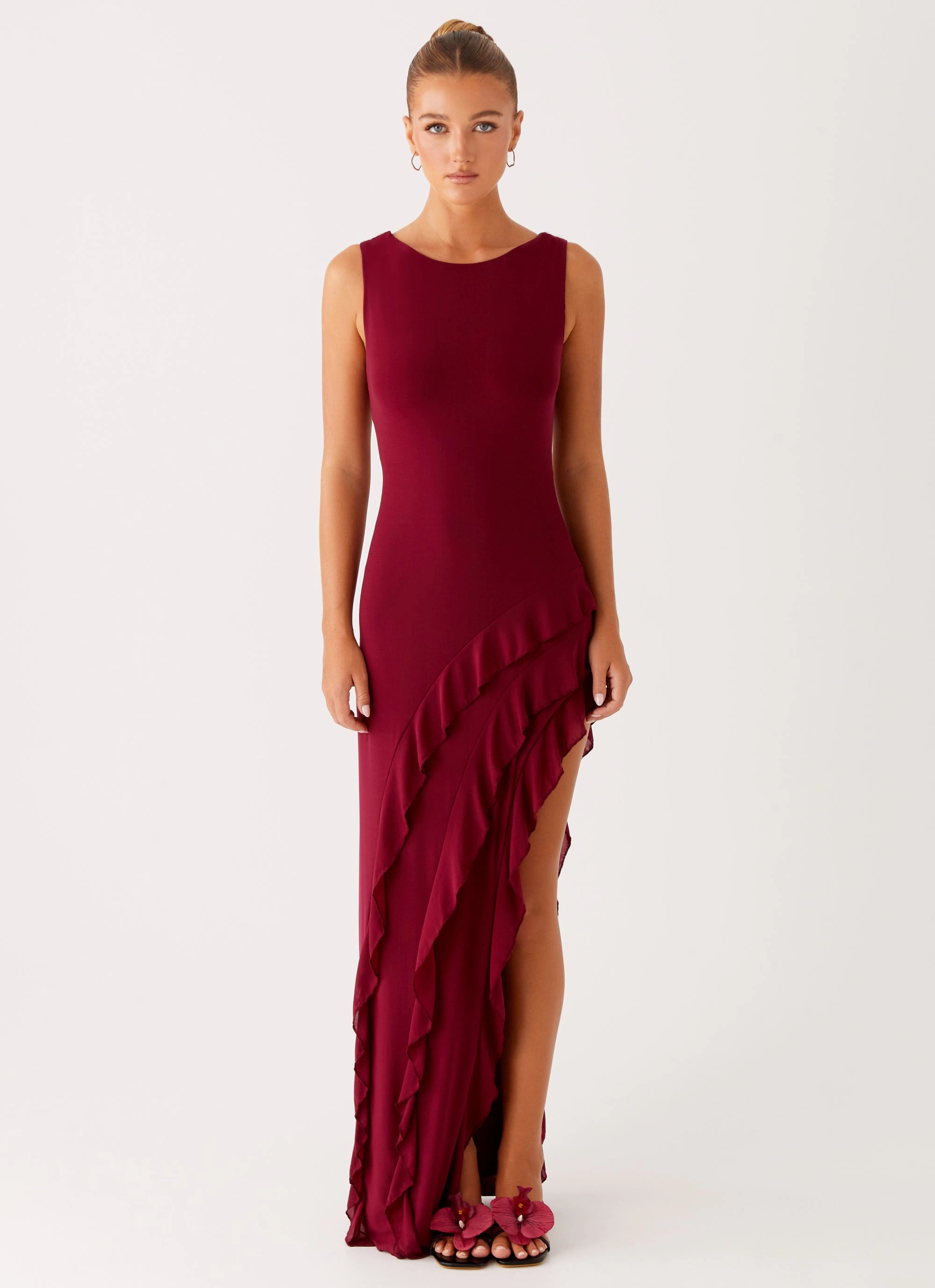 Hendrix Maxi Dress - Raspberry Wine Front-Slit Bright-Hue