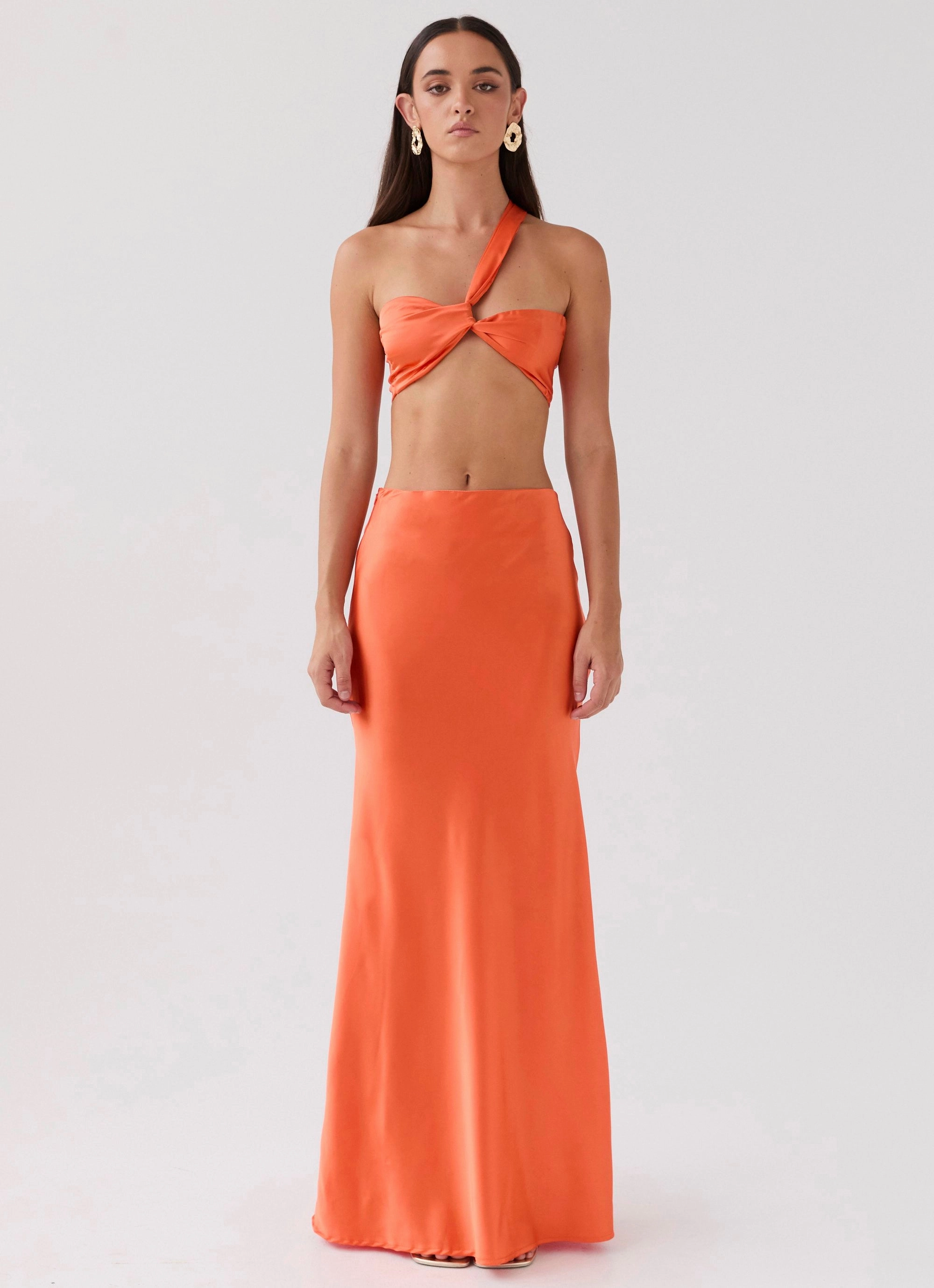 Perfect Shape Hidden Oasis Satin Maxi Skirt - Tangerine