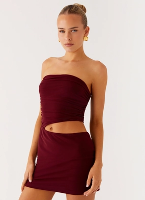 Last Heartbreak Mini Dress - Burgundy Flattering Waistband