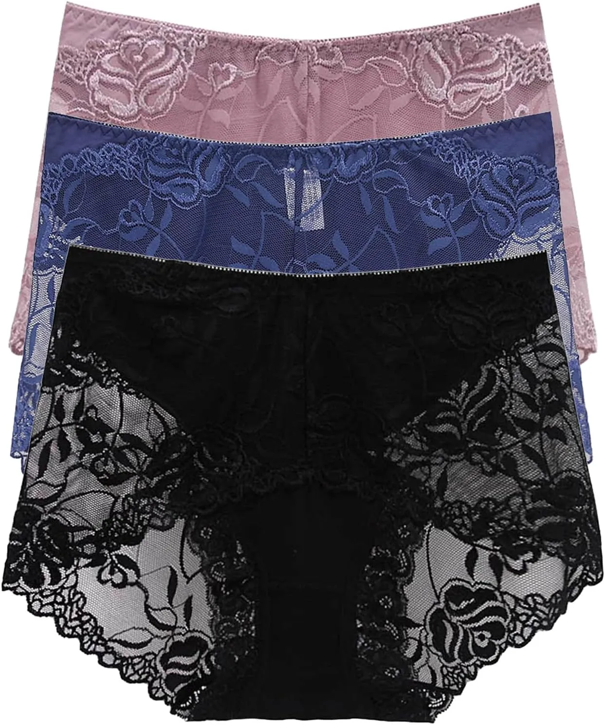 High Waist Lace Underwear for Women Stretch Scallop Trim Briefs Soft Seamless Full Coverage Panties 3 Pack
