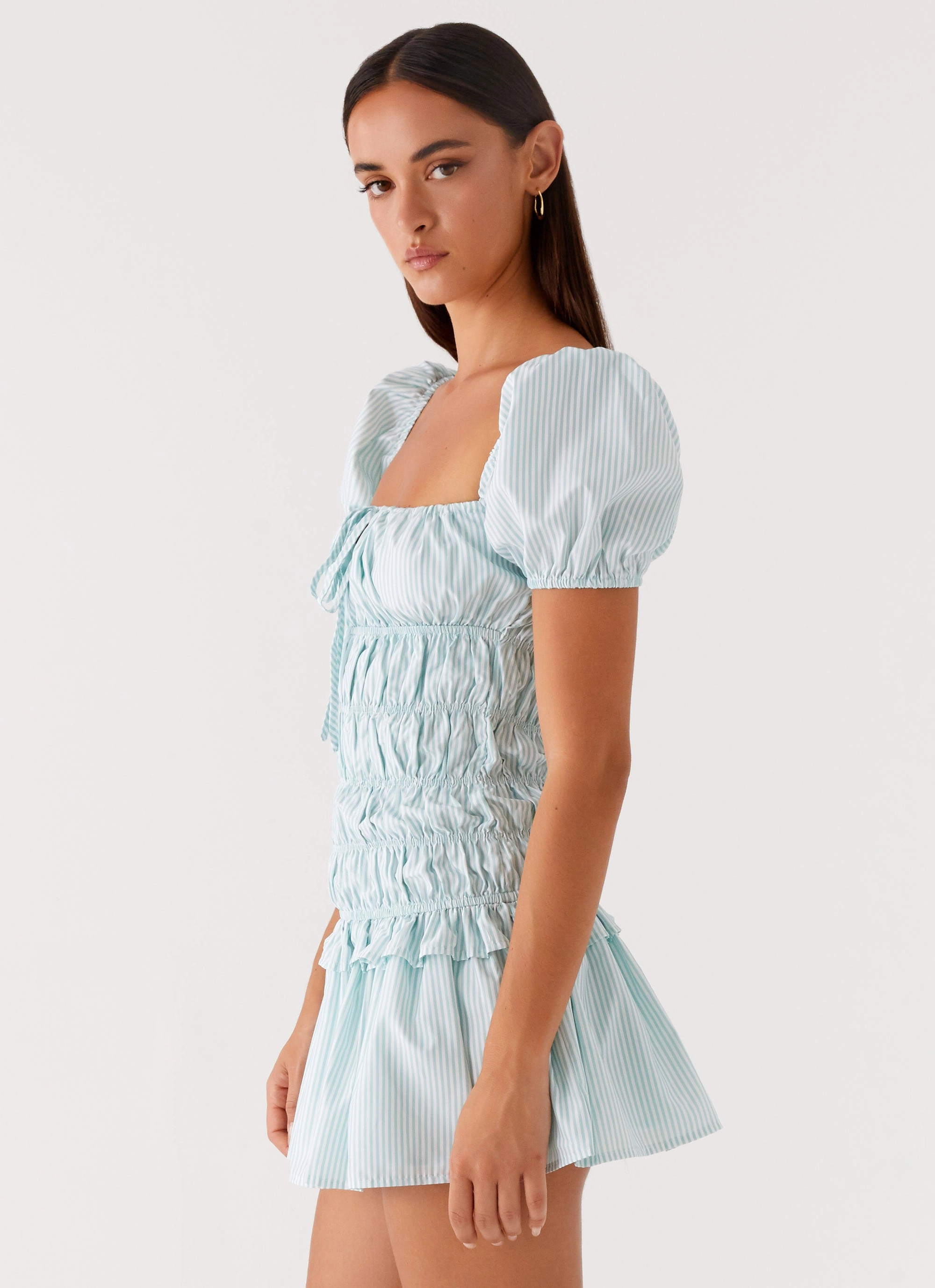 Yolene Mini Dress - Green Gingham Flattering Waistband Shared Moment