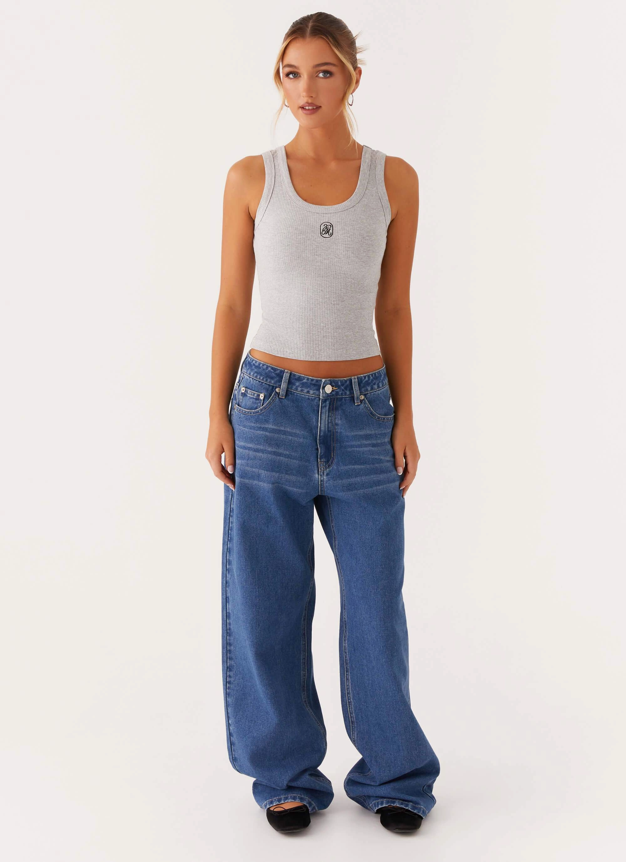 Low Profile Seaming Drop Shoulder Silhouette Signature Tank Top - Light Grey Marle