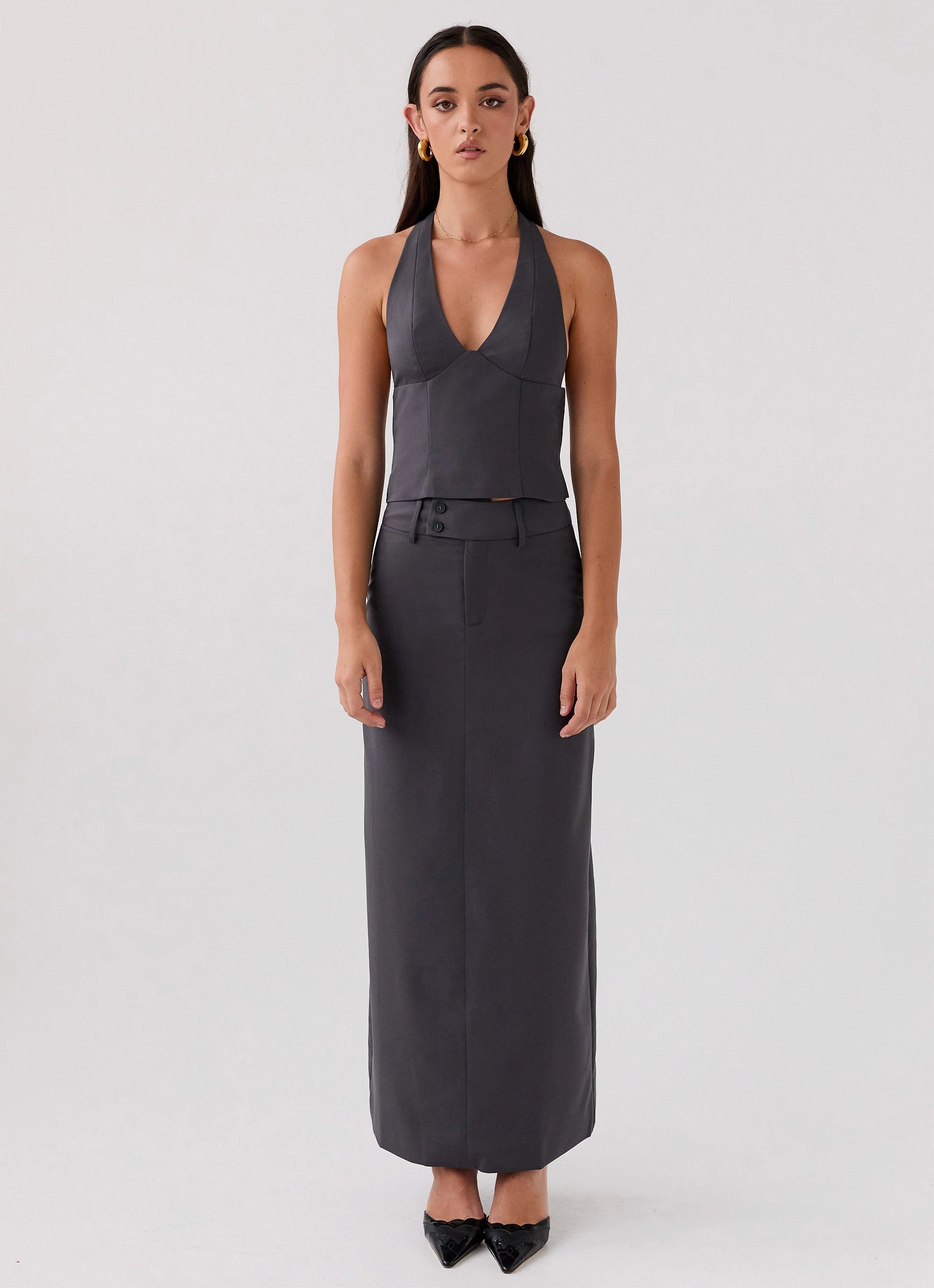 On Call Halterneck Top - Charcoal Short Length FadeResistant Print