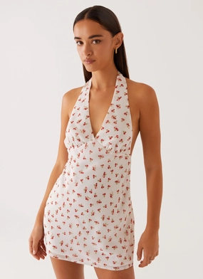 Highlands Halterneck Mini Dress - Red Ditsy Floral Stretch-Recovery Bold Statement