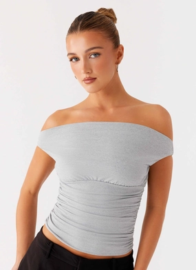 Reva Off Shoulder Top - Grey RibbedTrims Wrinkle Free Weave