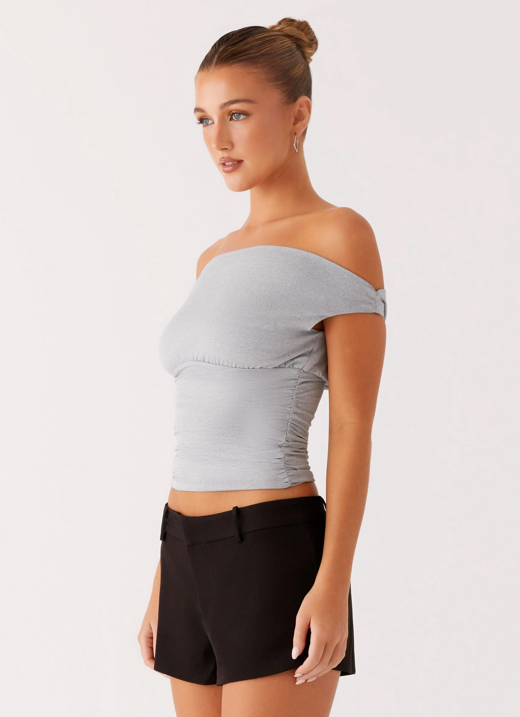 Reva Off Shoulder Top - Grey Anti Static Weave Technology