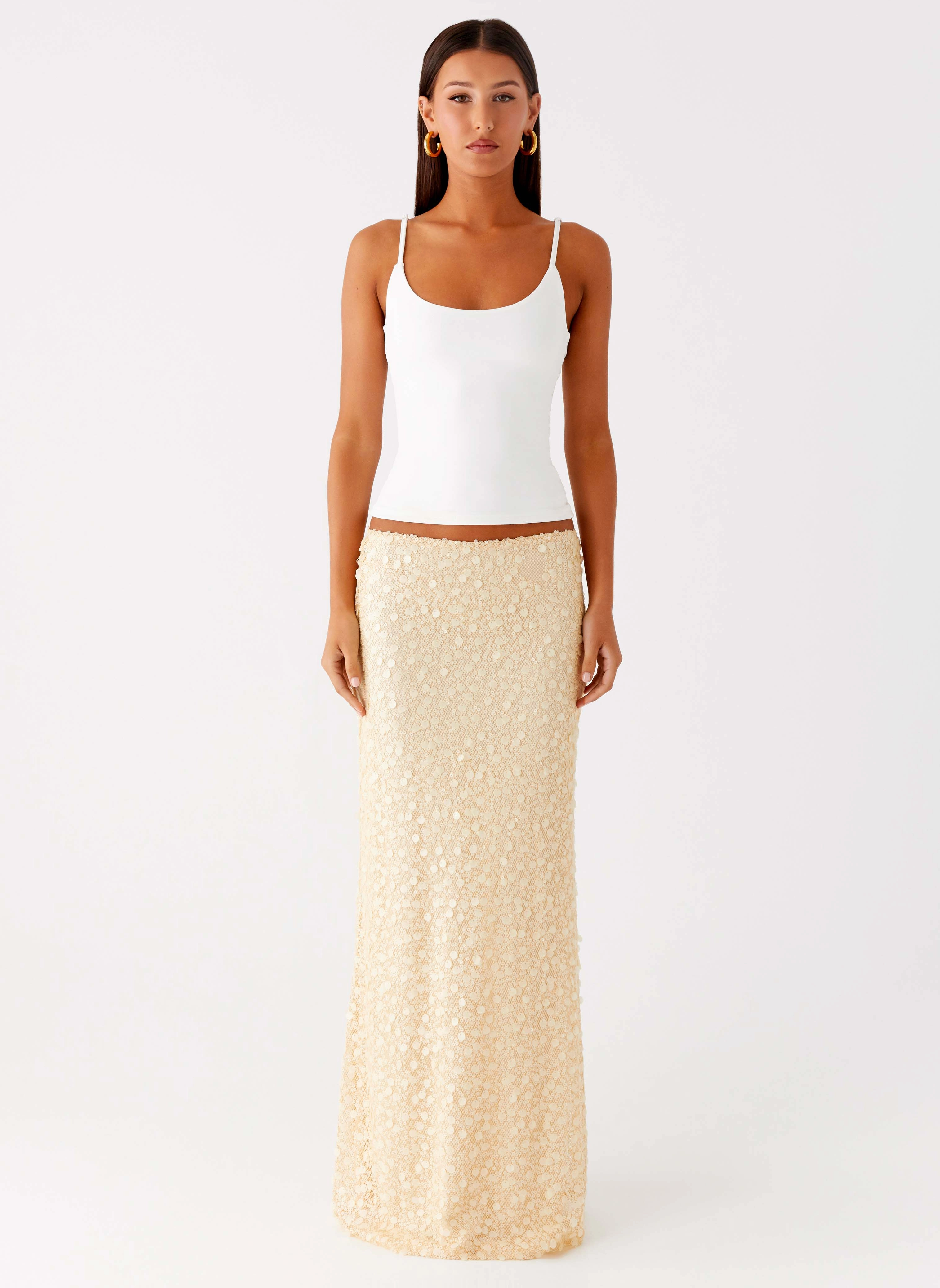 Modern Utility Quick Access Zippers Honestly Sequin Maxi Skirt - Yellow