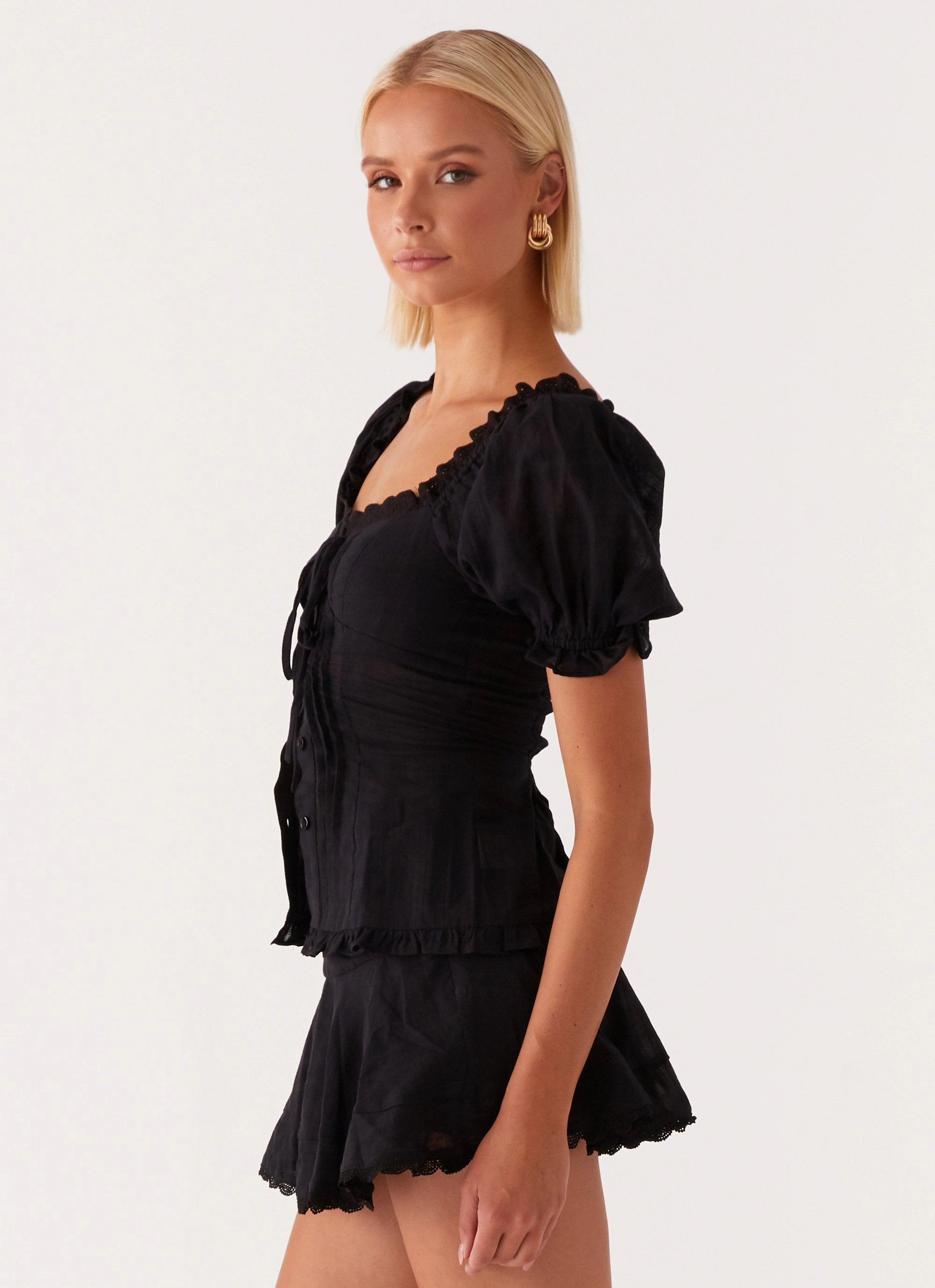 Relaxed Fit Shirt Hundred Percent Puff Sleeve Top - Black