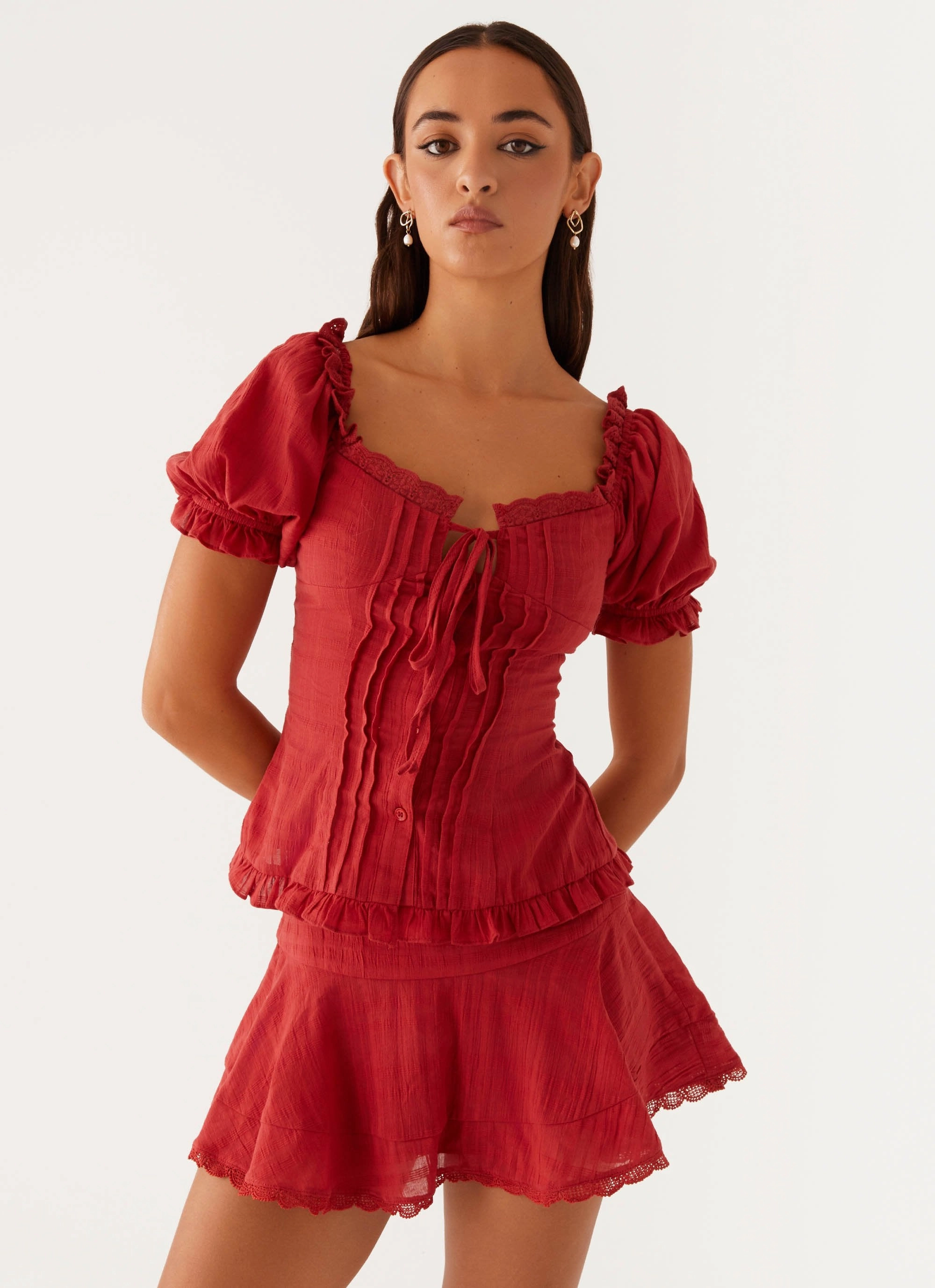 Hundred Percent Puff Sleeve Top - Red Everyday Look Comfortable Cotton