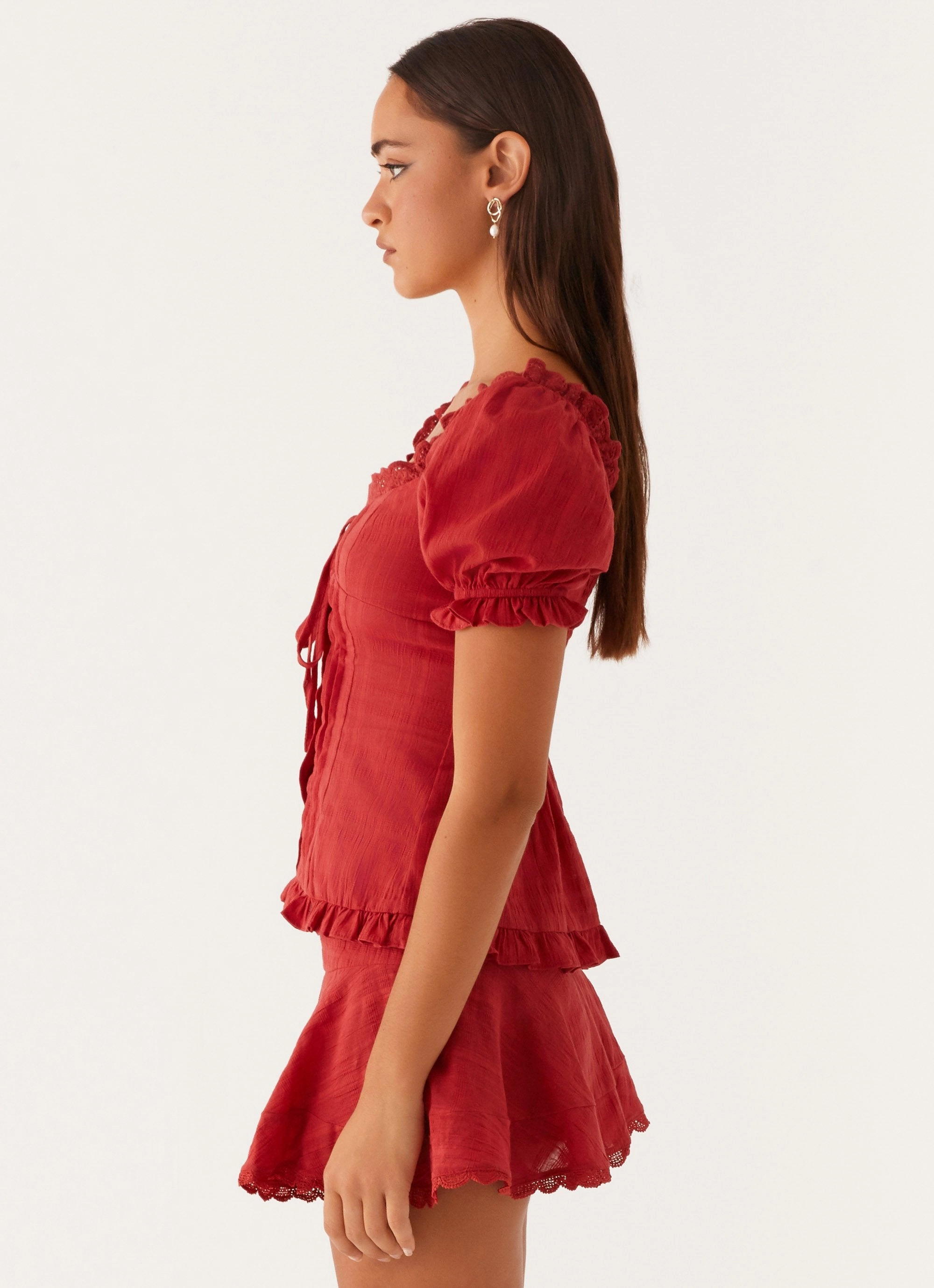 Erasable Surface Coating Hundred Percent Puff Sleeve Top - Red