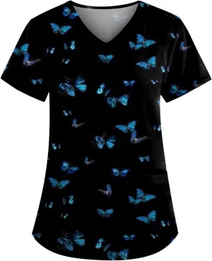 HXHYQKP Cute Scrub Tops Stretchy Short Sleeve V Neck Cartoon Print Pattern Nursing Working Uniform Caregiver Top