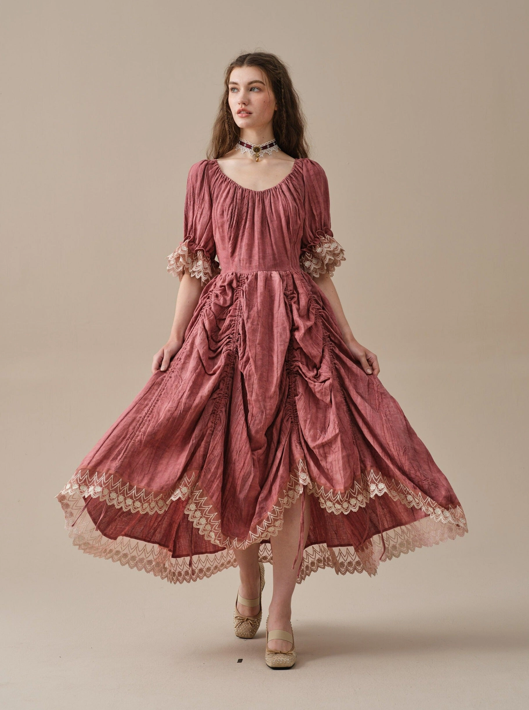 Laser Cut Edges Slim Silhouette Elowen 27 | Lace Linen dress gown ( 2 way to wear )