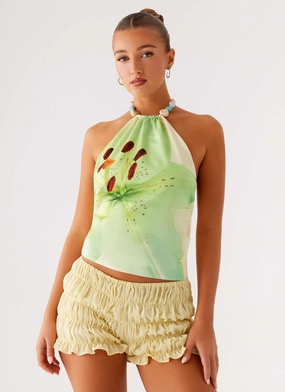 Ergonomic Shoulder Shape Curved Hem Dalila Beaded Tie Back Top - Yellow Floral