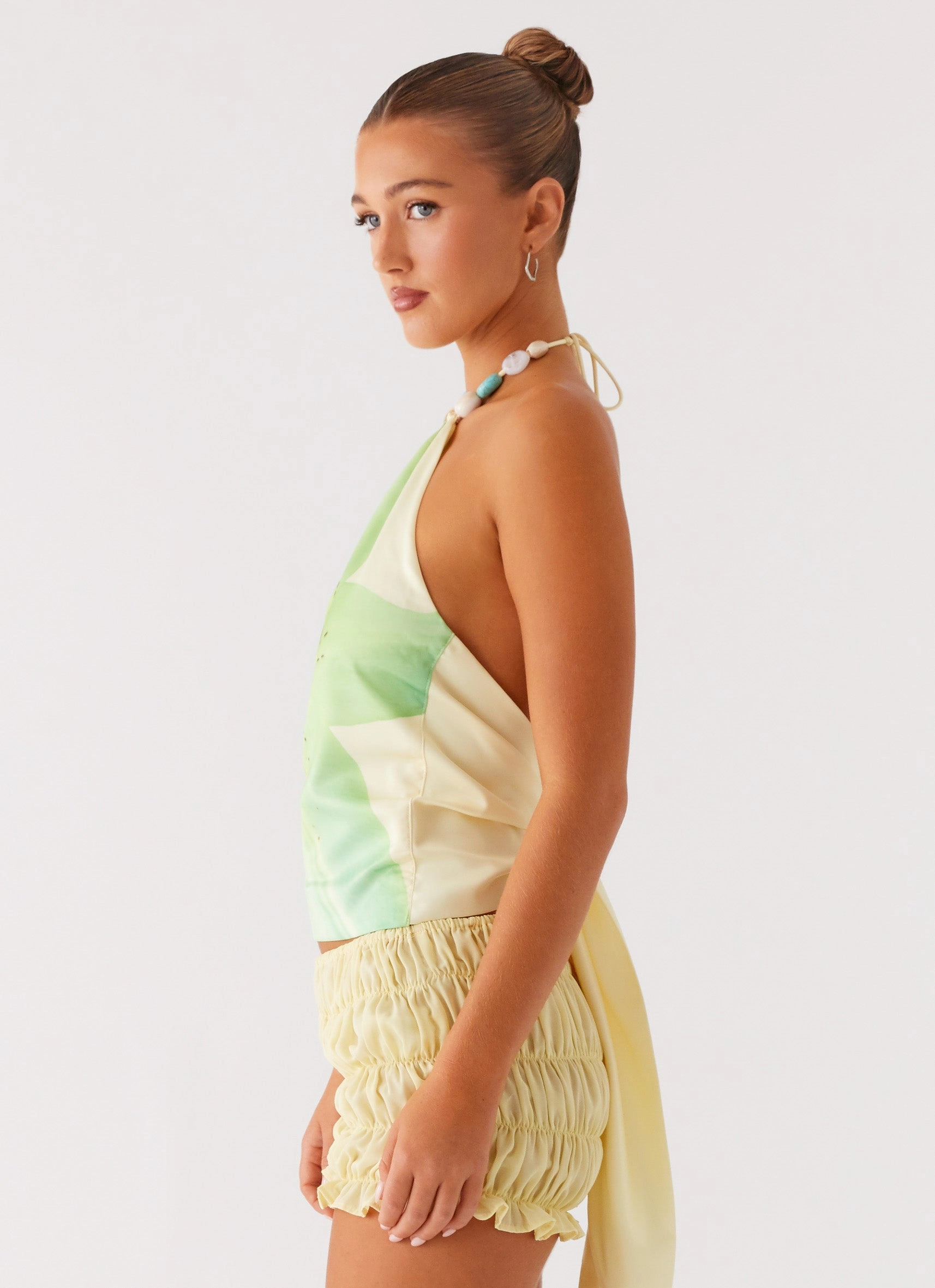 Dalila Beaded Tie Back Top - Yellow Floral Hidden Storage Pocket
