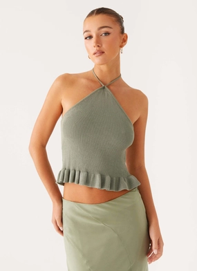 Ribbed Collar Design Idola Knit Top - Sage