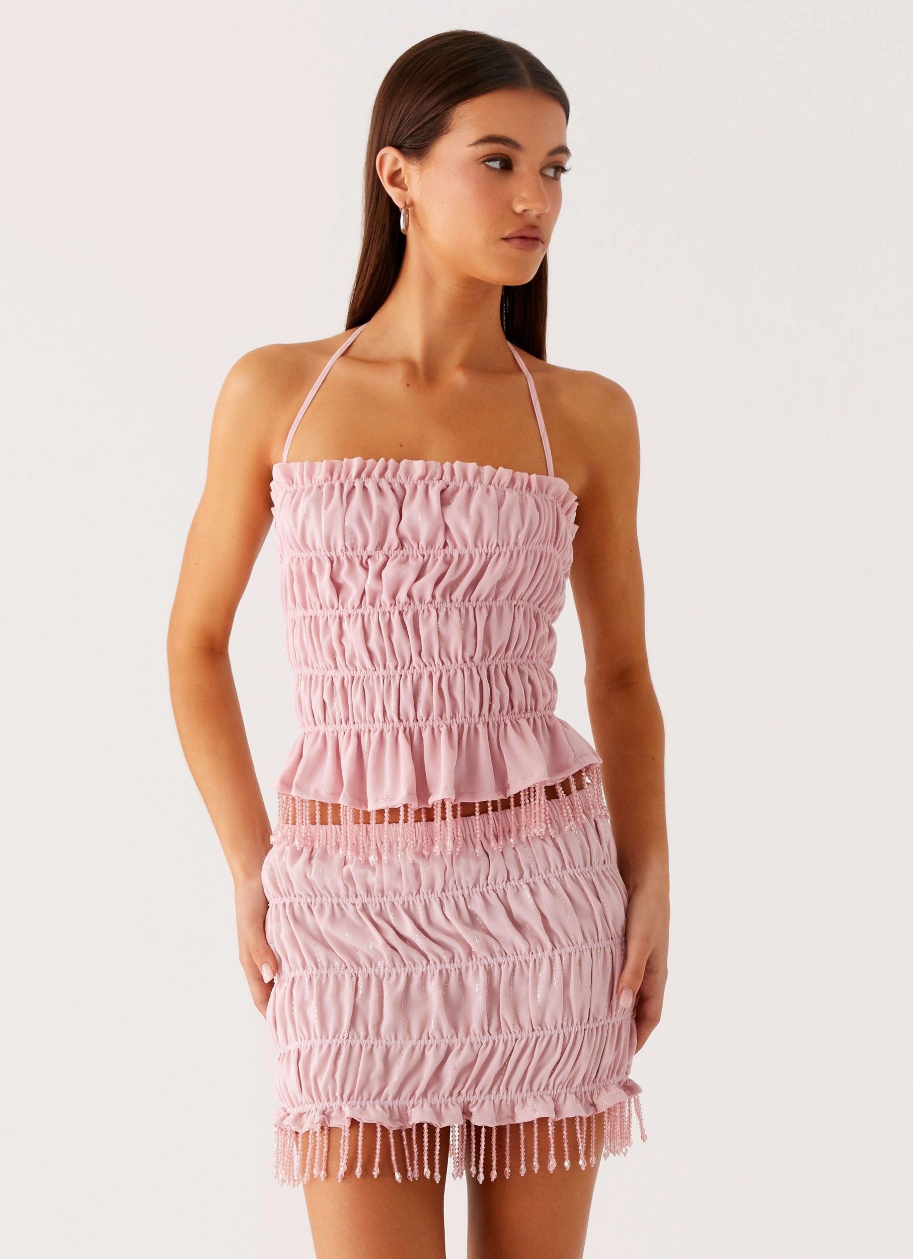 Shari Beaded Halter Top - Pink Reinforced Neckline Detail