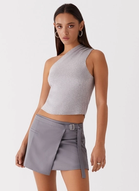 Roll Up Sleeve Design Indy One Shoulder Knit Top - Grey