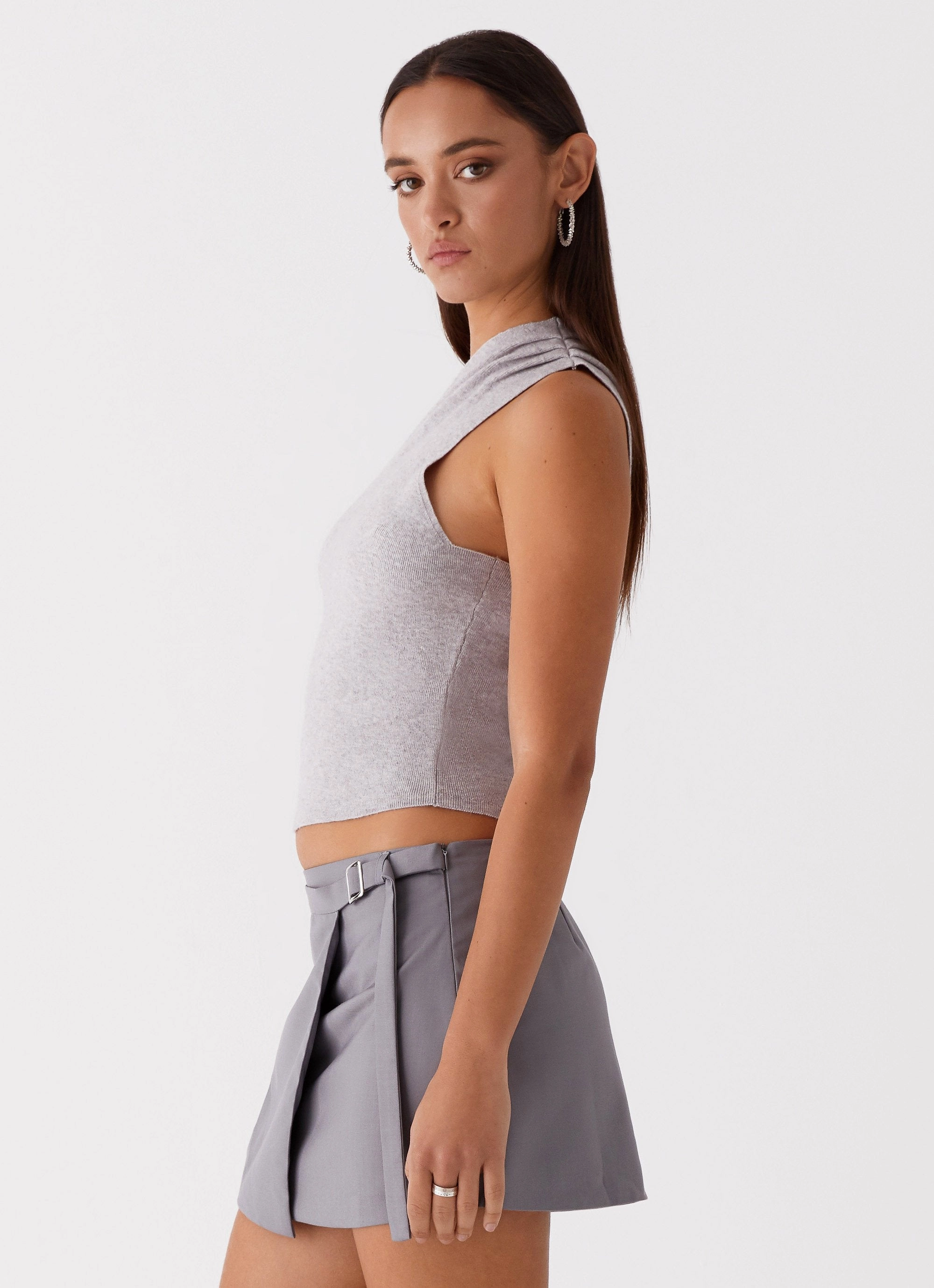 FrenchTerryTexture Indy One Shoulder Knit Top - Grey