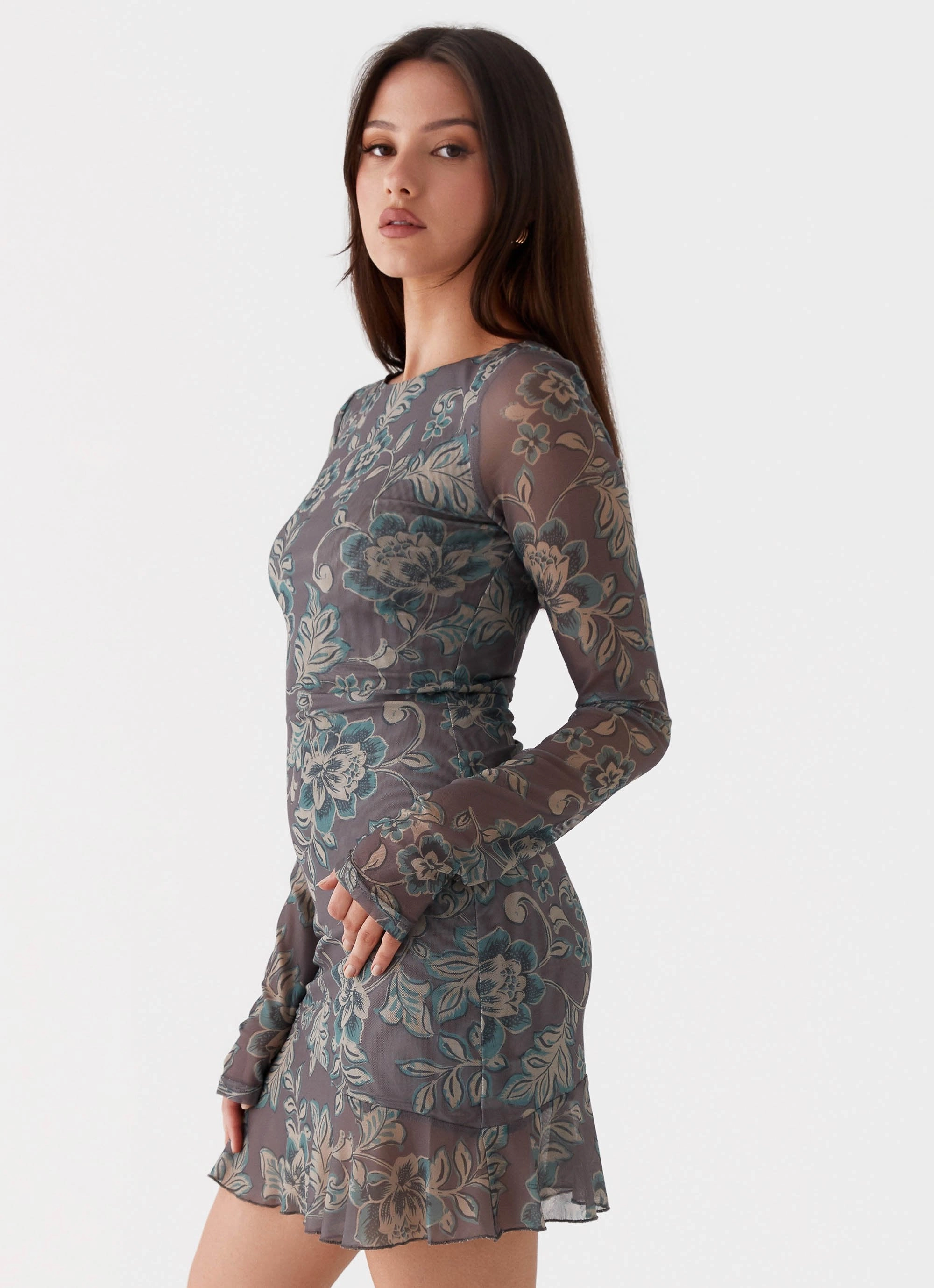 Ines Long Sleeve Mini Dress - Brown Floral Cool Structure Euro Ease