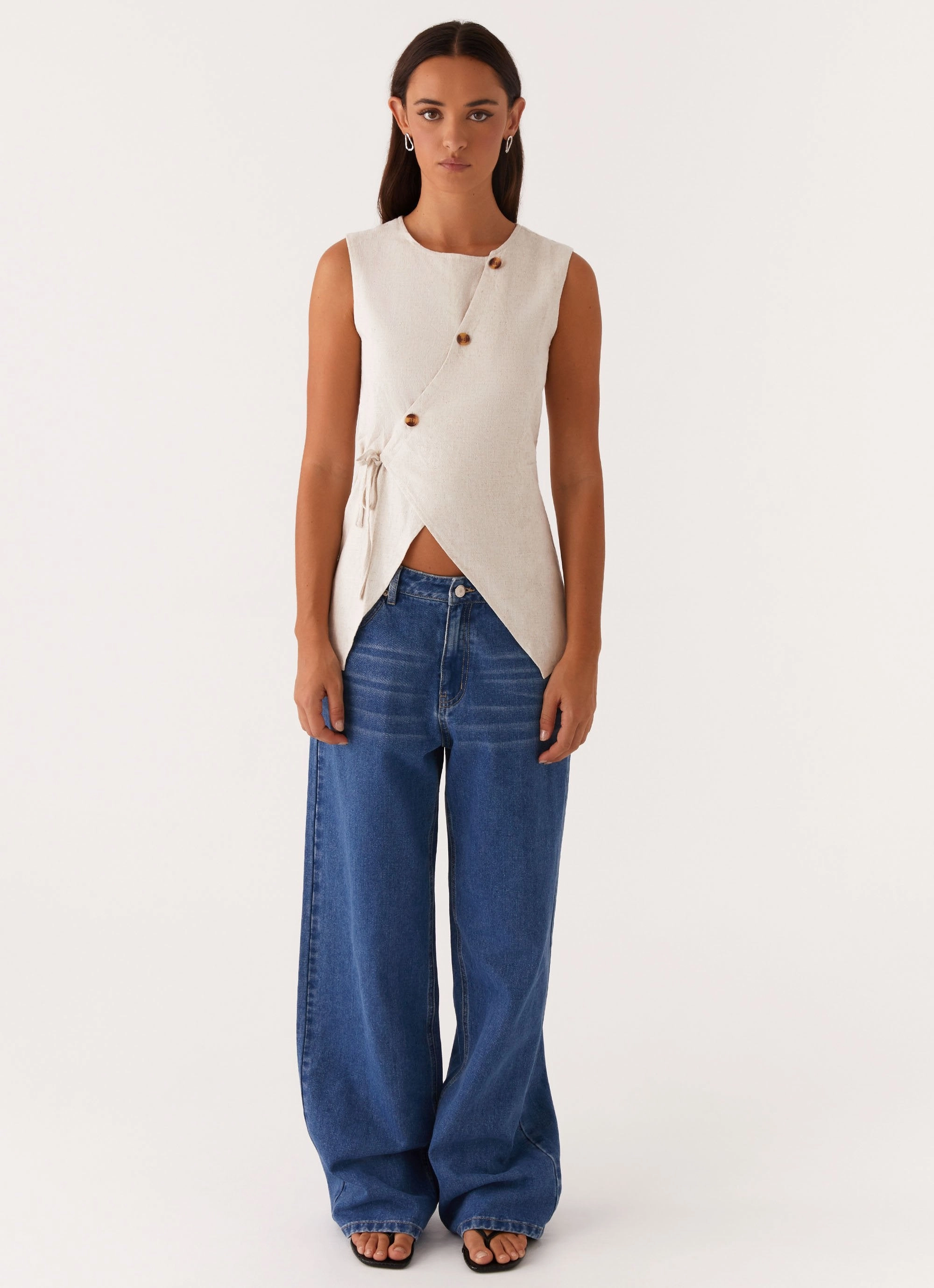 Runaway Button Tie Vest - Oatmeal All Day Comfort