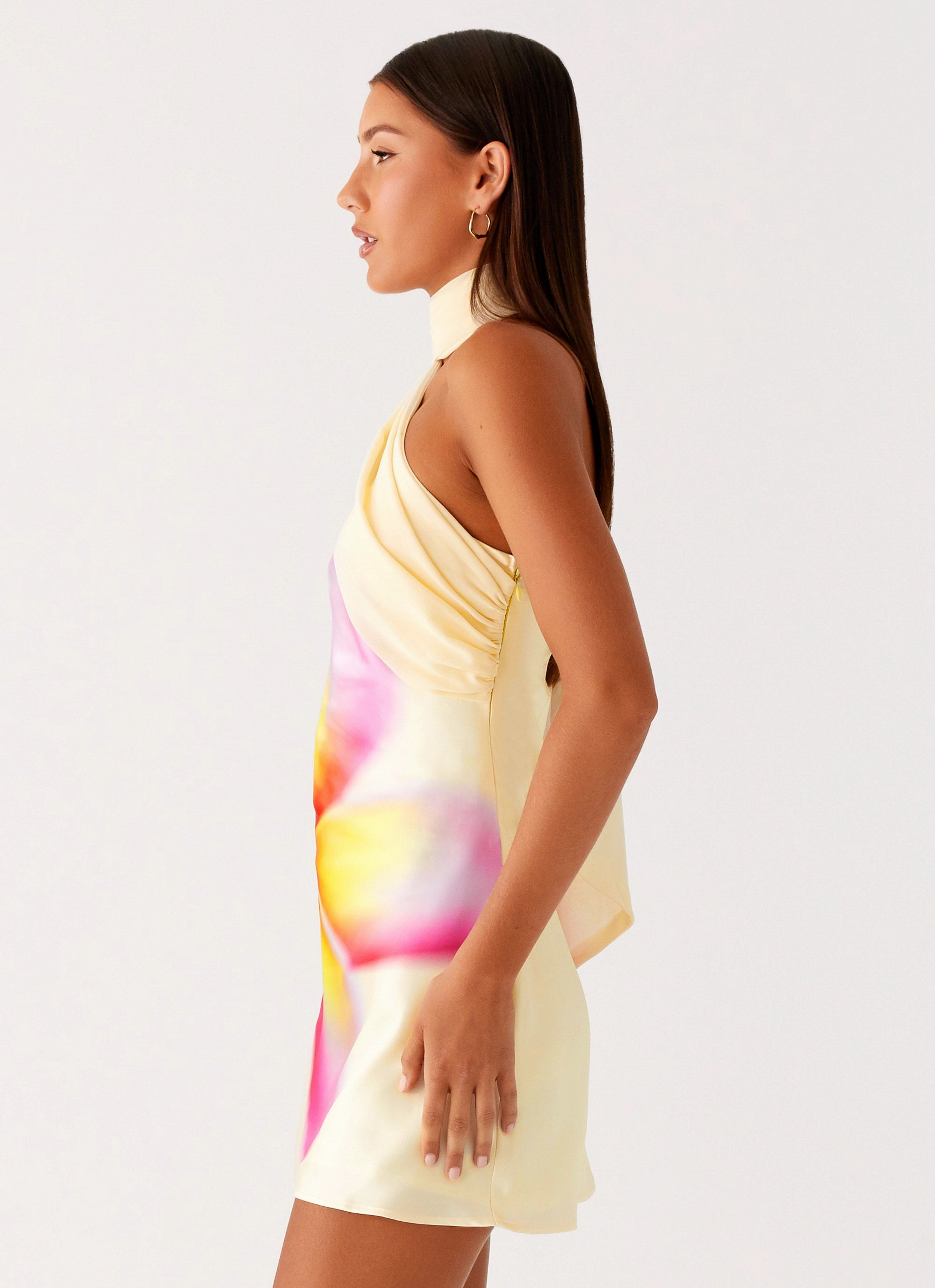Isa Scarf Satin Mini Dress - Frangipani Yellow Perfect for Layering Resort Ready